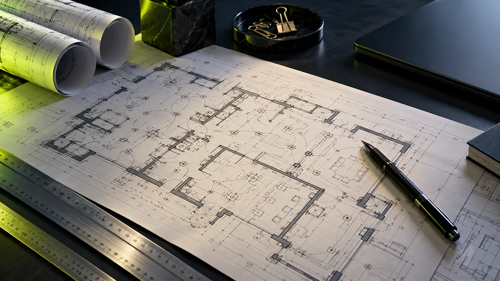 Concept image of electrical plans and precision measuring tools on an estimating desk